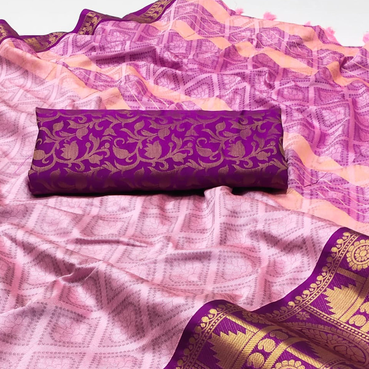 Pink Woven Cotton Silk Saree With Tassels