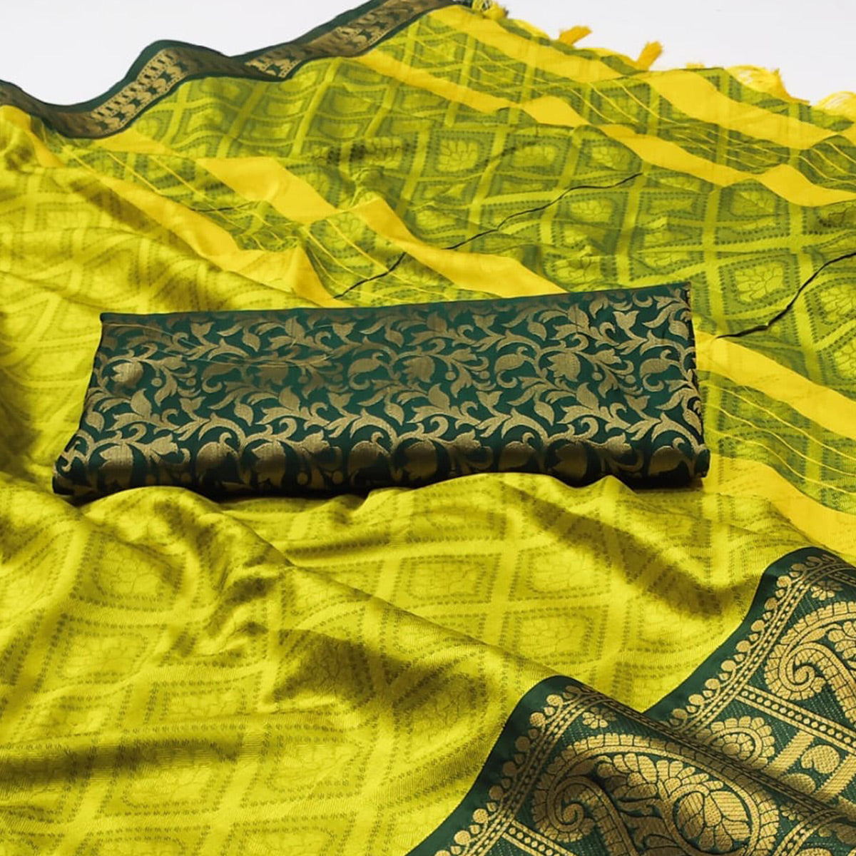 Yellow Woven Cotton Silk Saree With Tassels