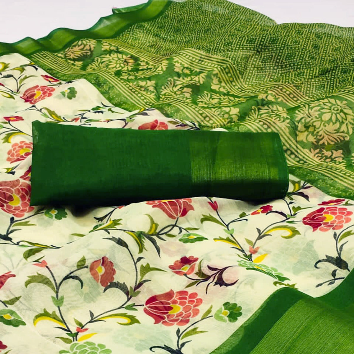 White & Green Floral Printed Cotton Blend Saree