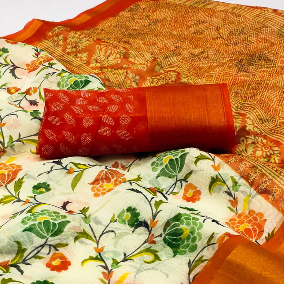 White & Orange Floral Printed Cotton Blend Saree