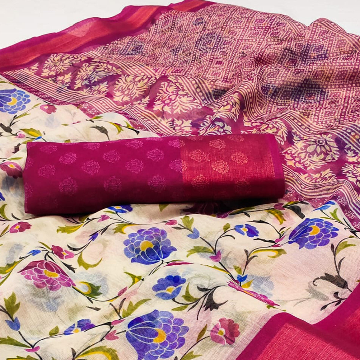 White & Pink Floral Printed Cotton Blend Saree