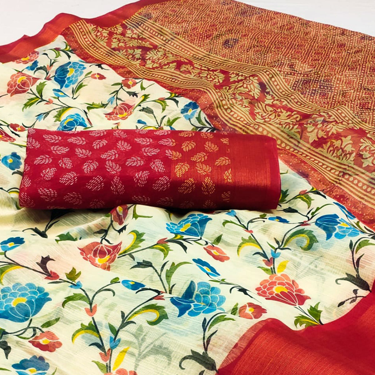 White & Red Floral Printed Cotton Blend Saree