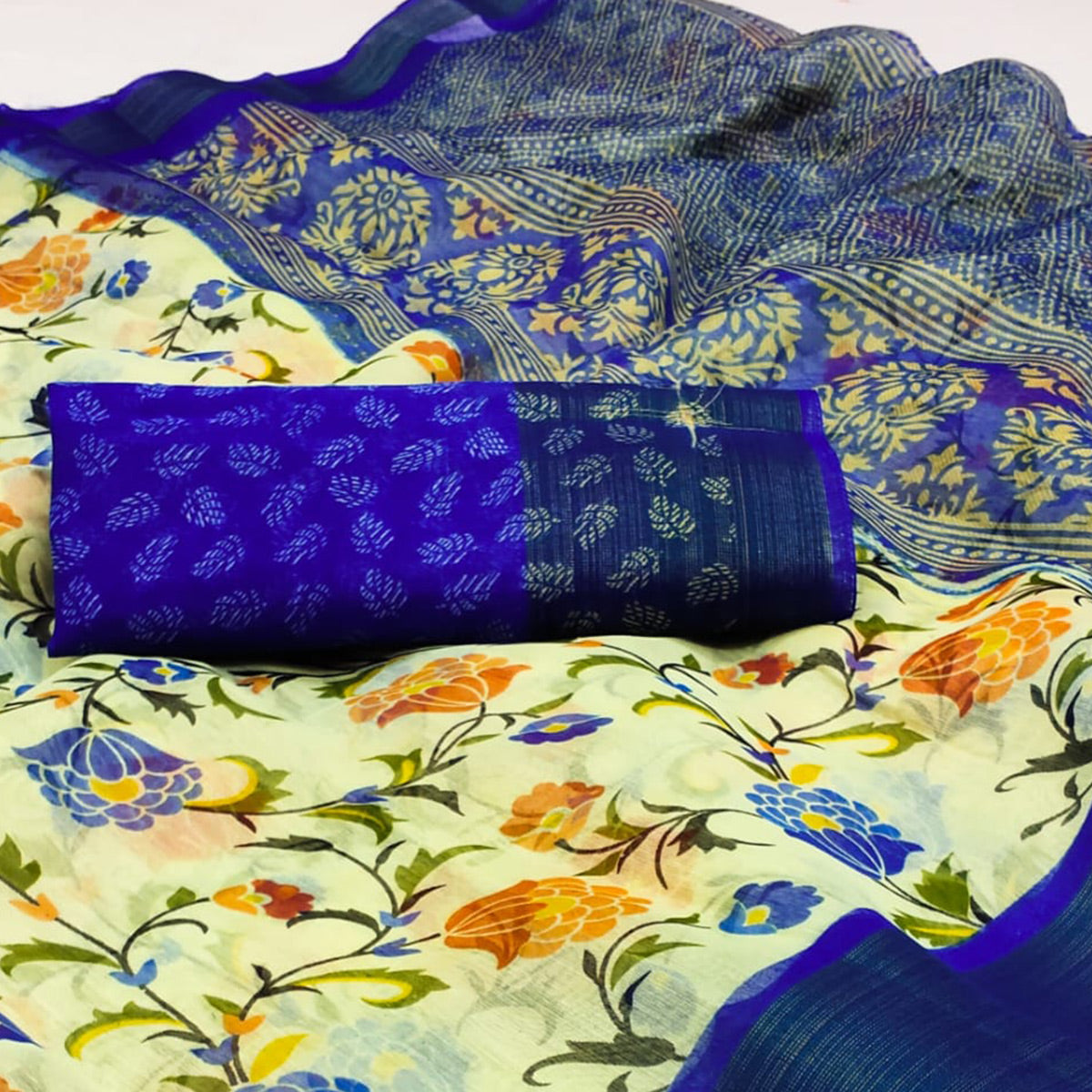White & Royal Blue Floral Printed Cotton Blend Saree