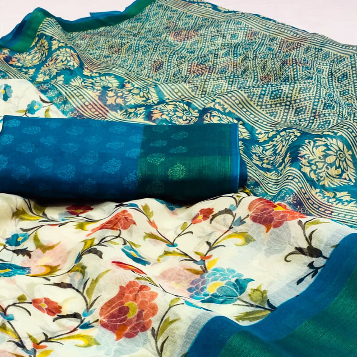 White & Teal Blue Floral Printed Cotton Blend Saree