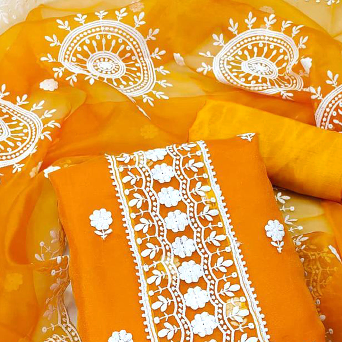 Bright Orange Floral Embroidered Organza Dress Material