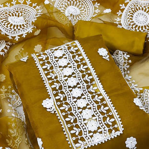 Dark Mustard Floral Embroidered Organza Dress Material