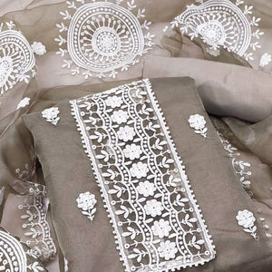 Grey Floral Embroidered Organza Dress Material