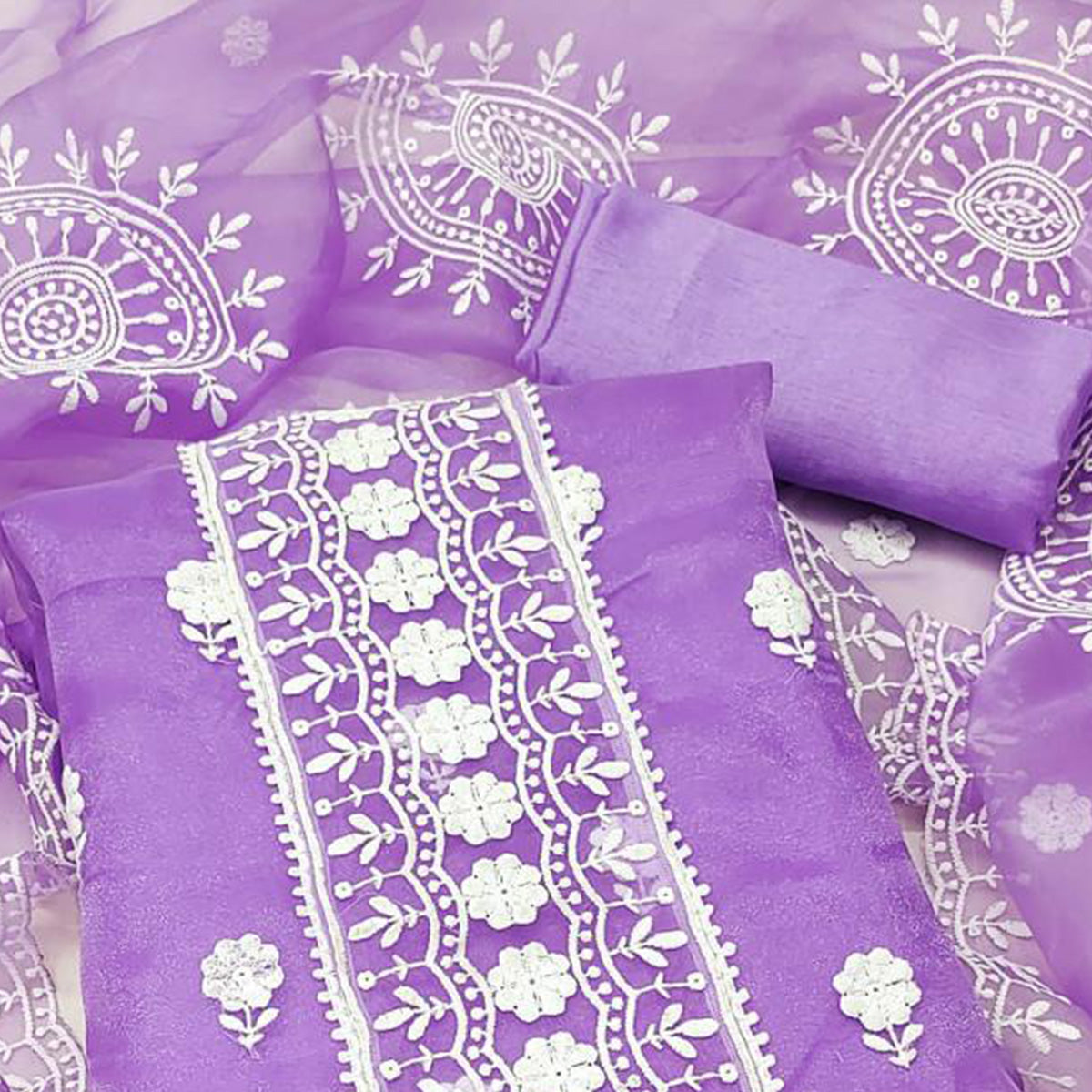 Light Purple Floral Embroidered Organza Dress Material