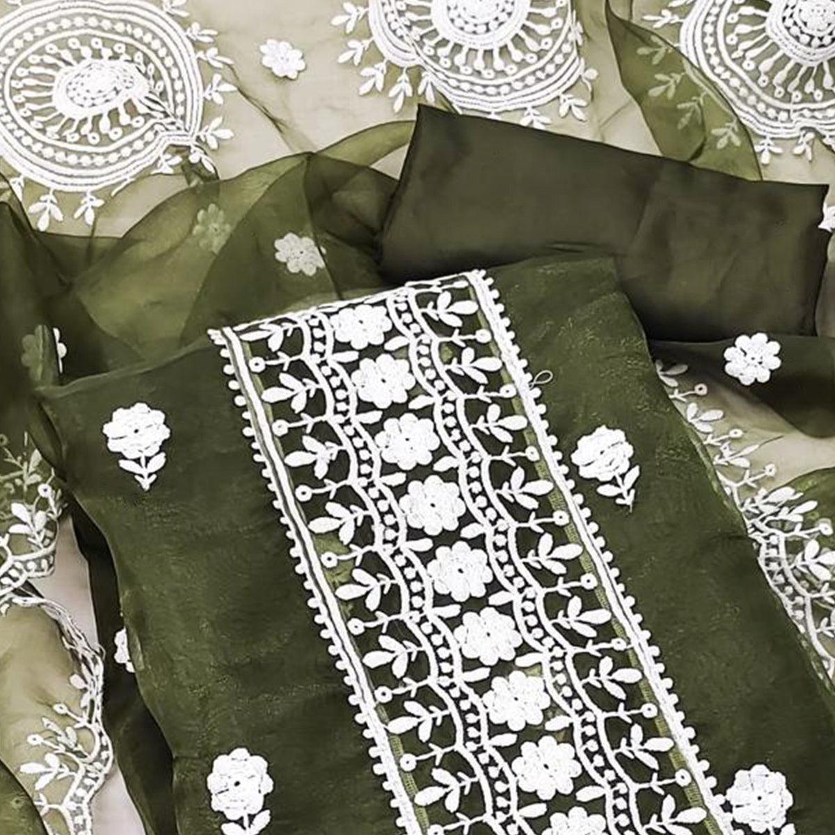 Mehendi Green Floral Embroidered Organza Dress Material