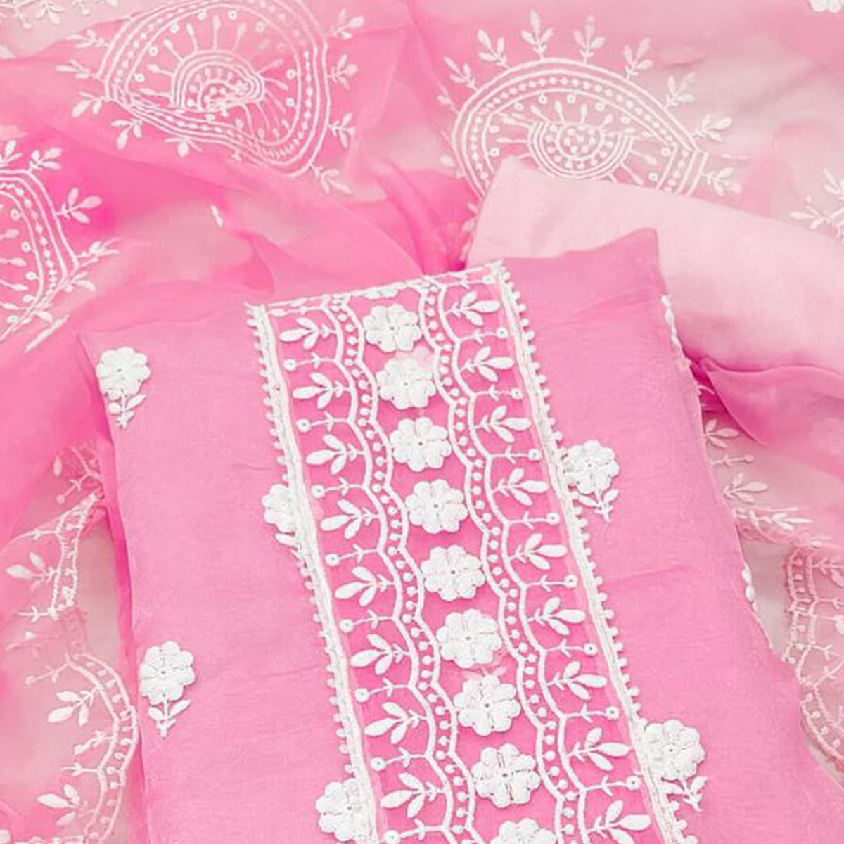 Pink Floral Embroidered Organza Dress Material