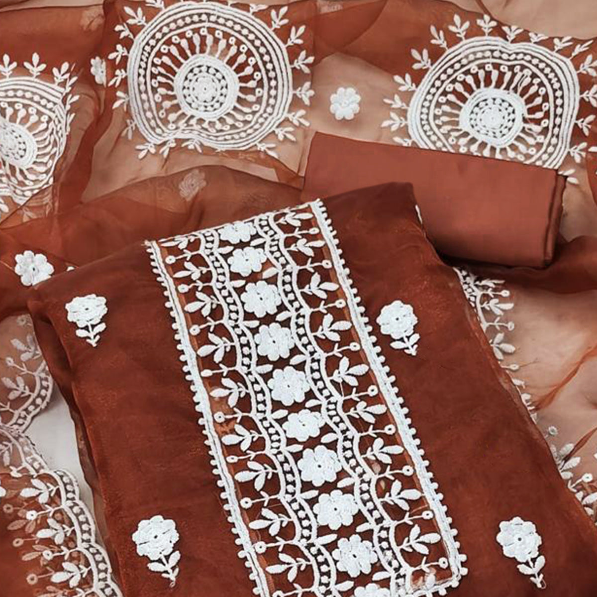 Rust Floral Embroidered Organza Dress Material