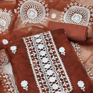 Rust Floral Embroidered Organza Dress Material