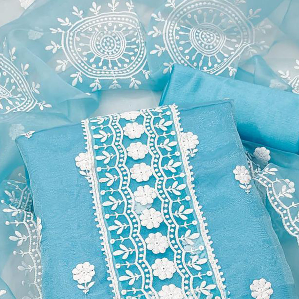Sky Blue Floral Embroidered Organza Dress Material