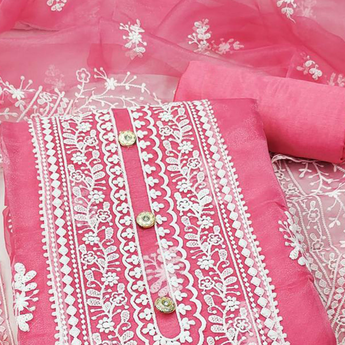 Pink Floral Embroidered Organza Dress Material