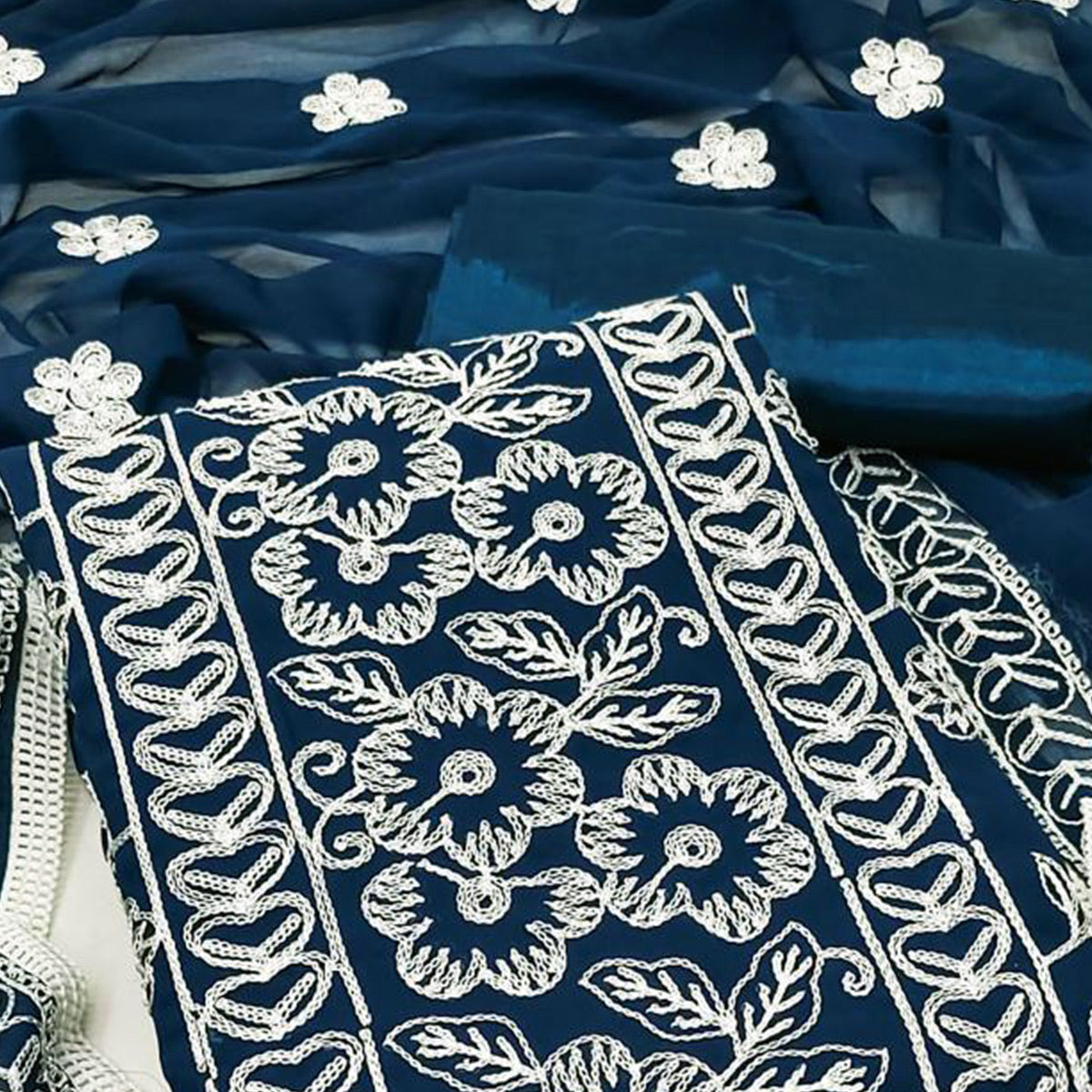 Blue Floral Embroidered Georgette Dress Material
