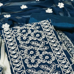 Blue Floral Embroidered Georgette Dress Material
