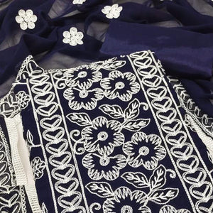 Navy Blue Floral Embroidered Georgette Dress Material