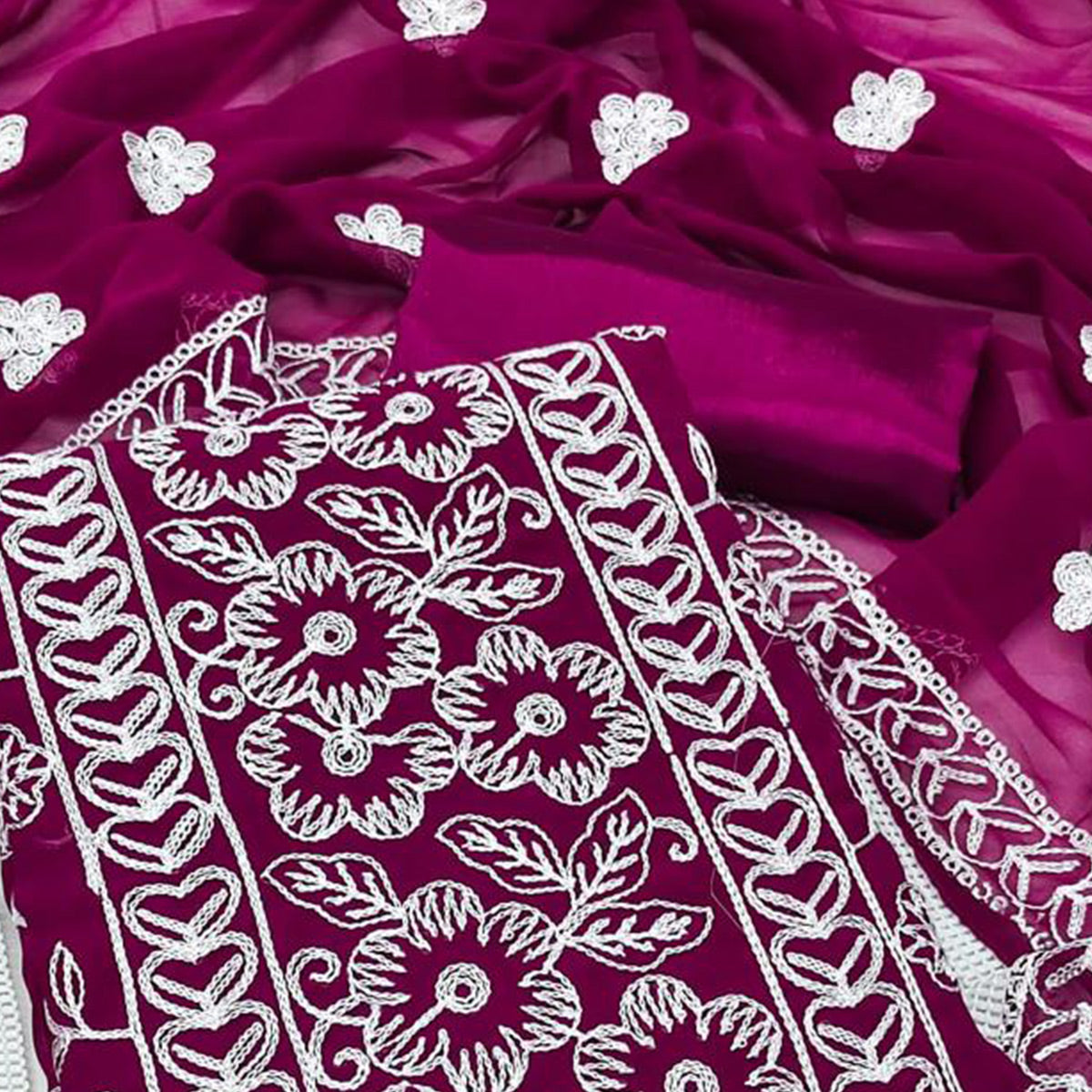 Wine Floral Embroidered Georgette Dress Material