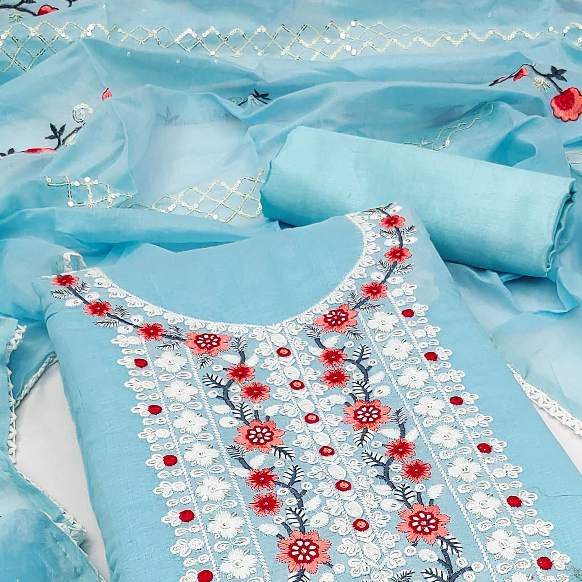 Blue Floral Embroidered Chanderi Dress Material