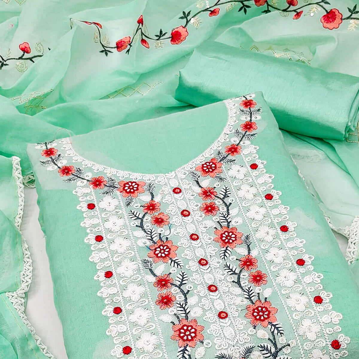 Sea Green Floral Embroidered Chanderi Dress Material