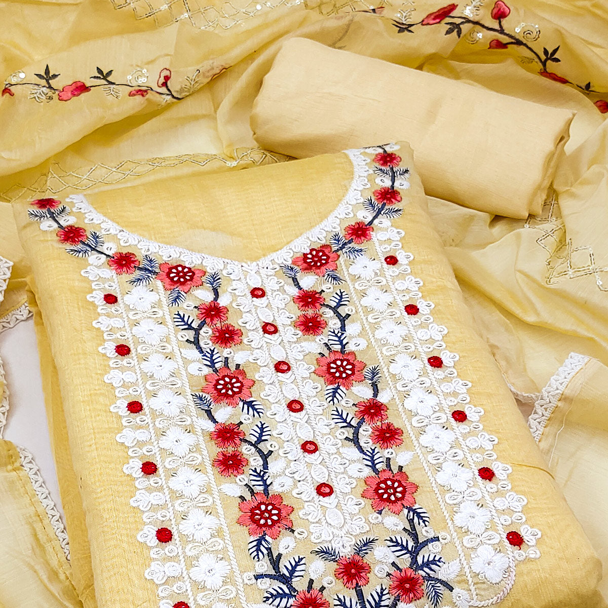 Yellow Floral Embroidered Chanderi Dress Material