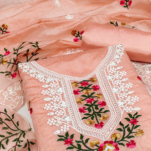 Peach Floral Embroidered Chanderi Dress Material