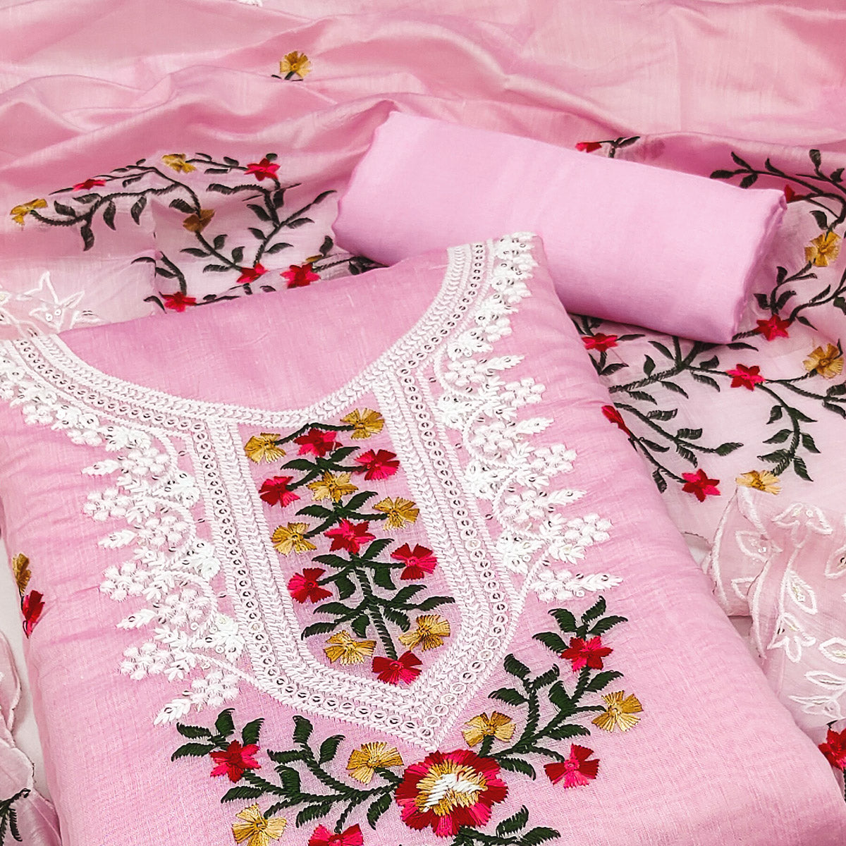 Pink Floral Embroidered Chanderi Dress Material