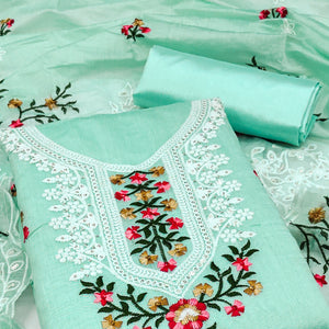 Sea Green Floral Embroidered Chanderi Dress Material