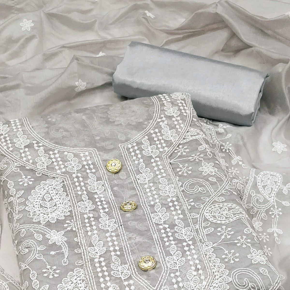 Light Gray Floral Embroidered Chanderi Dress Material