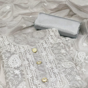 Light Gray Floral Embroidered Chanderi Dress Material