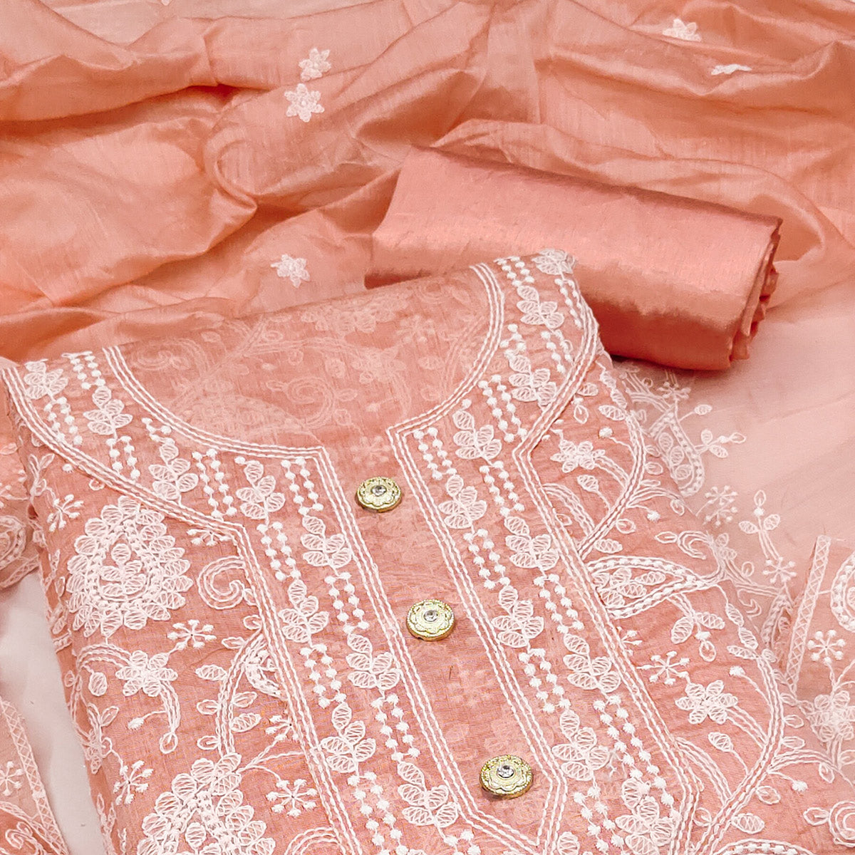 Peach Floral Embroidered Chanderi Dress Material