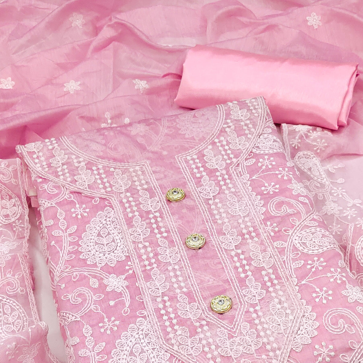 Pink Floral Embroidered Chanderi Dress Material