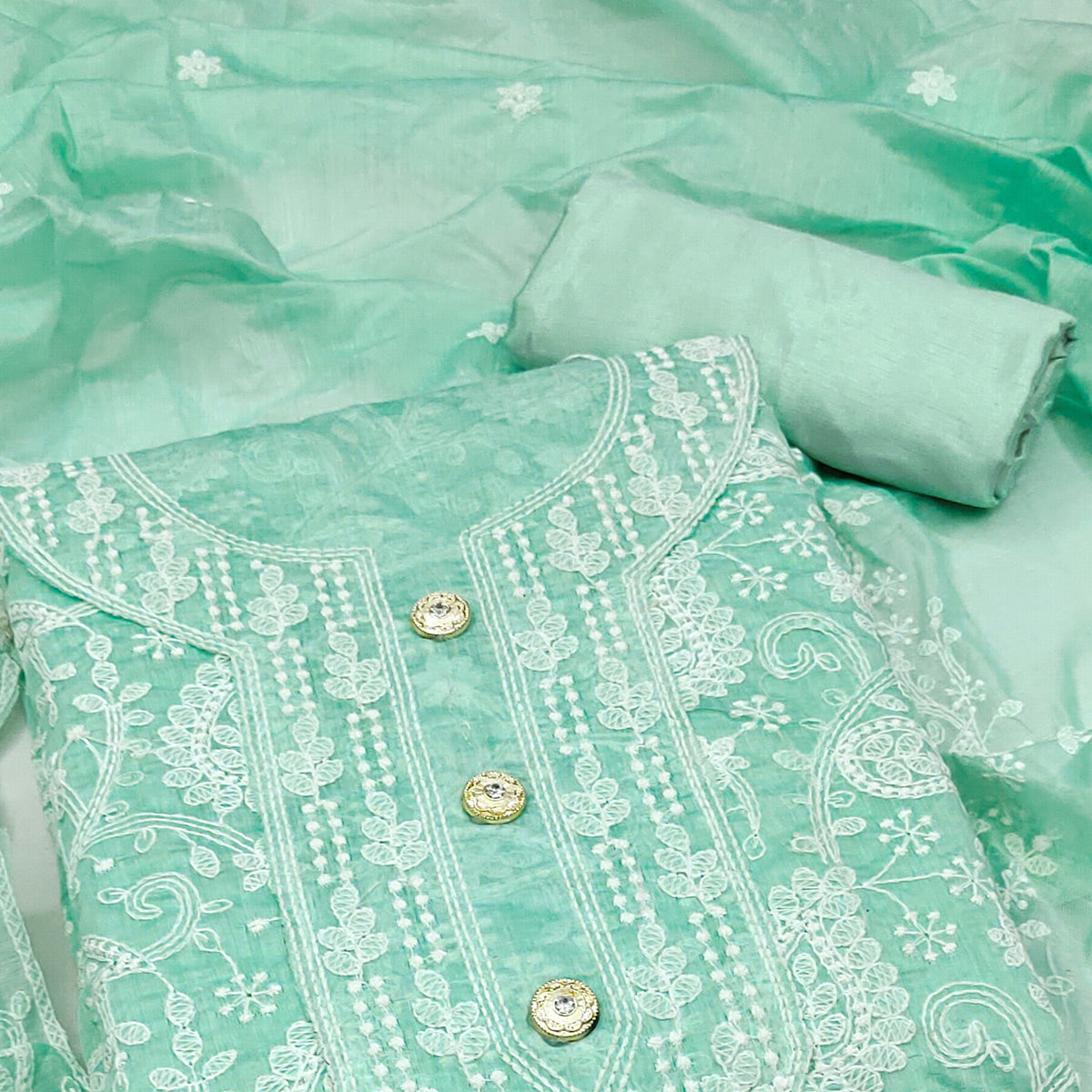 Sea Green Floral Embroidered Chanderi Dress Material