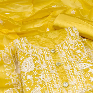 Yellow Floral Embroidered Chanderi Dress Material