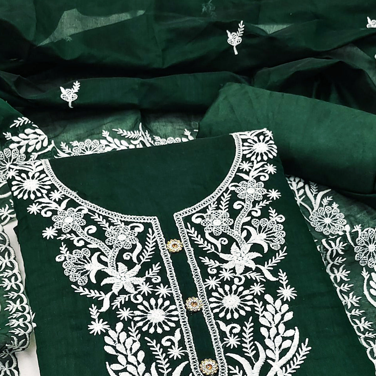 Bottle Green Floral Embroidered Chanderi Dress Material