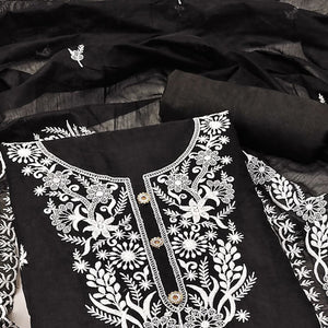 Black Floral Embroidered Chanderi Dress Material