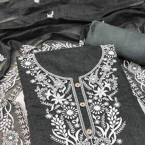 Grey Floral Embroidered Chanderi Dress Material