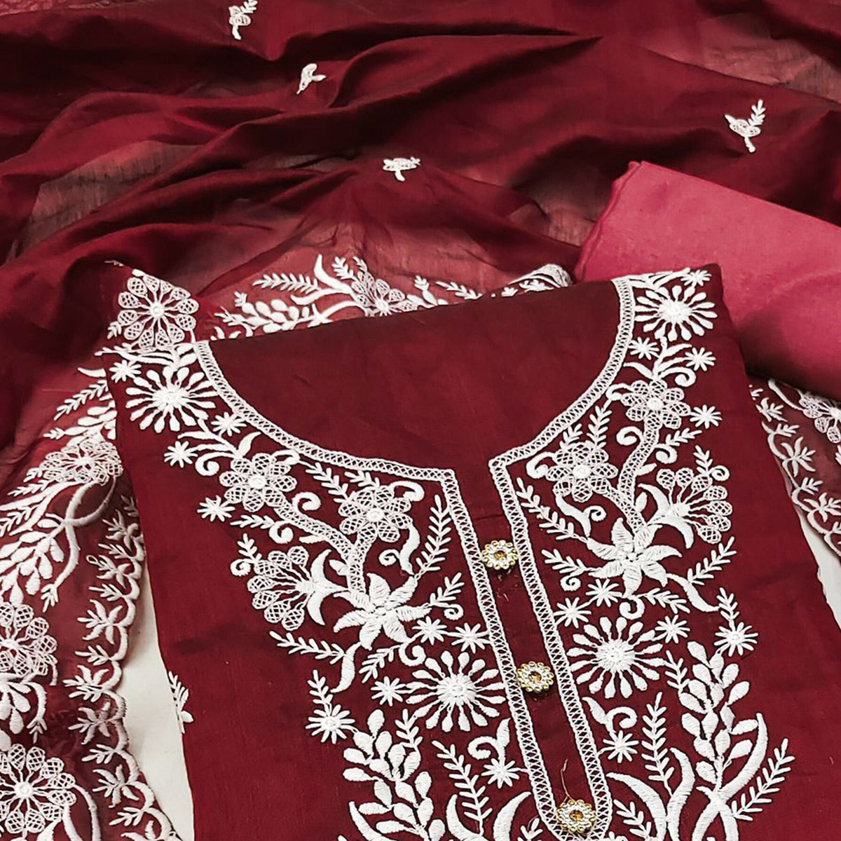 Maroon Floral Embroidered Chanderi Dress Material