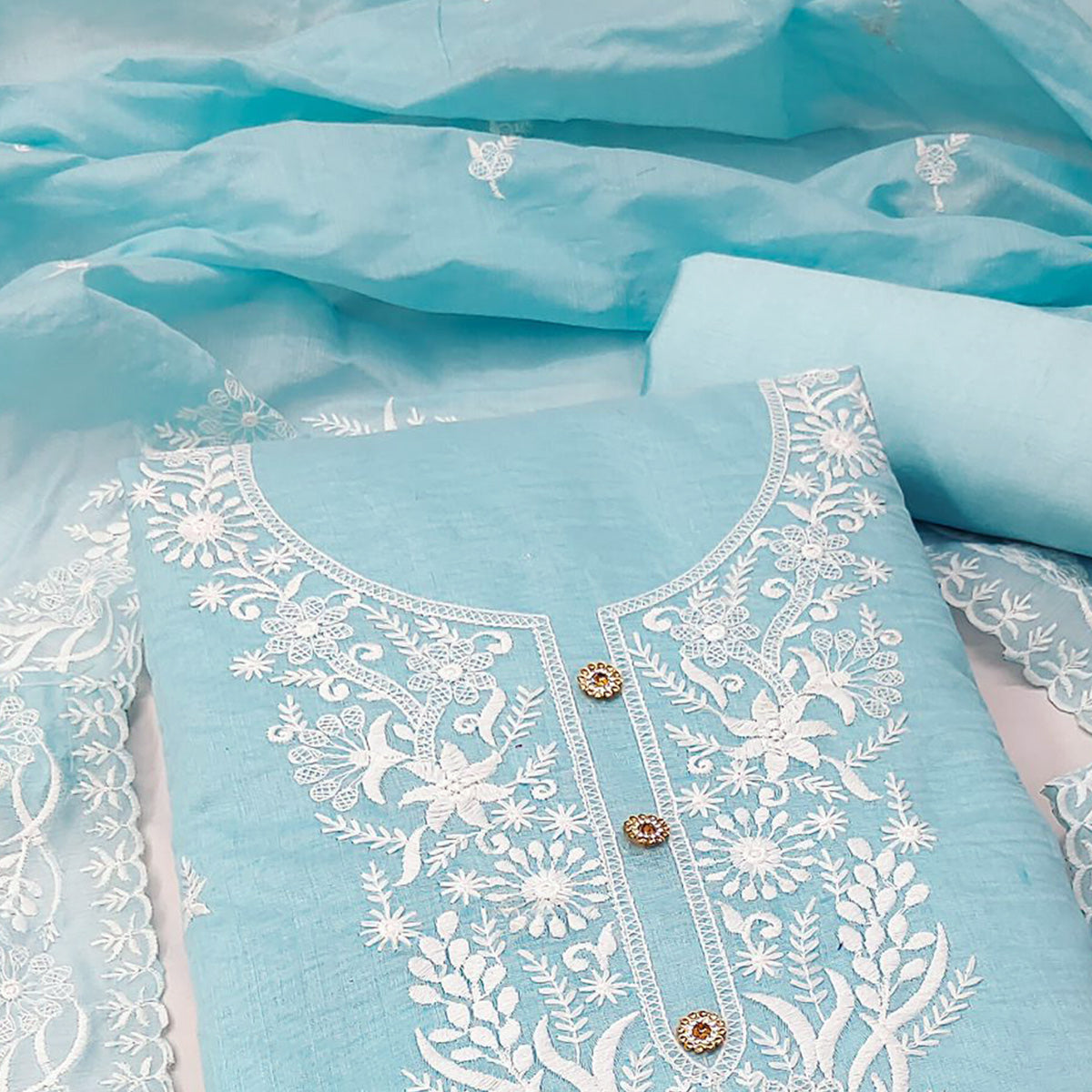 Sky Blue Floral Embroidered Chanderi Dress Material