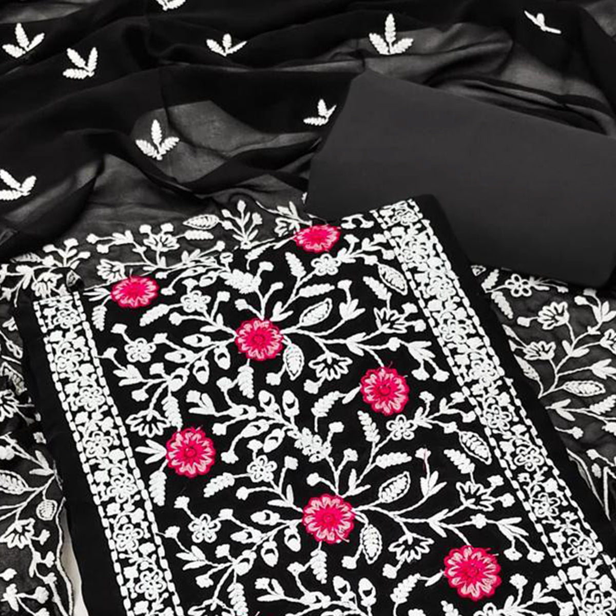 Black Floral Embroidered Georgette Dress Material