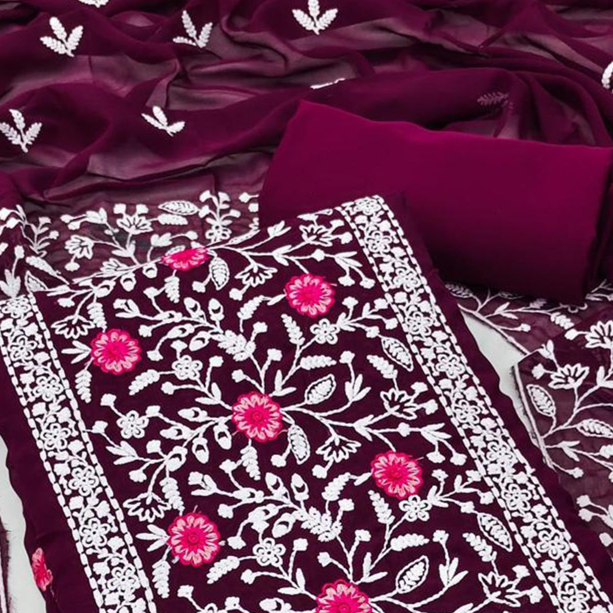 Wine Floral Embroidered Georgette Dress Material