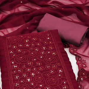Maroon Floral Embroidered Georgette Dress Material