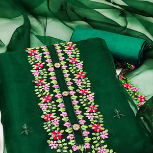 Bottle Green Floral Embroidered Organza Dress Material