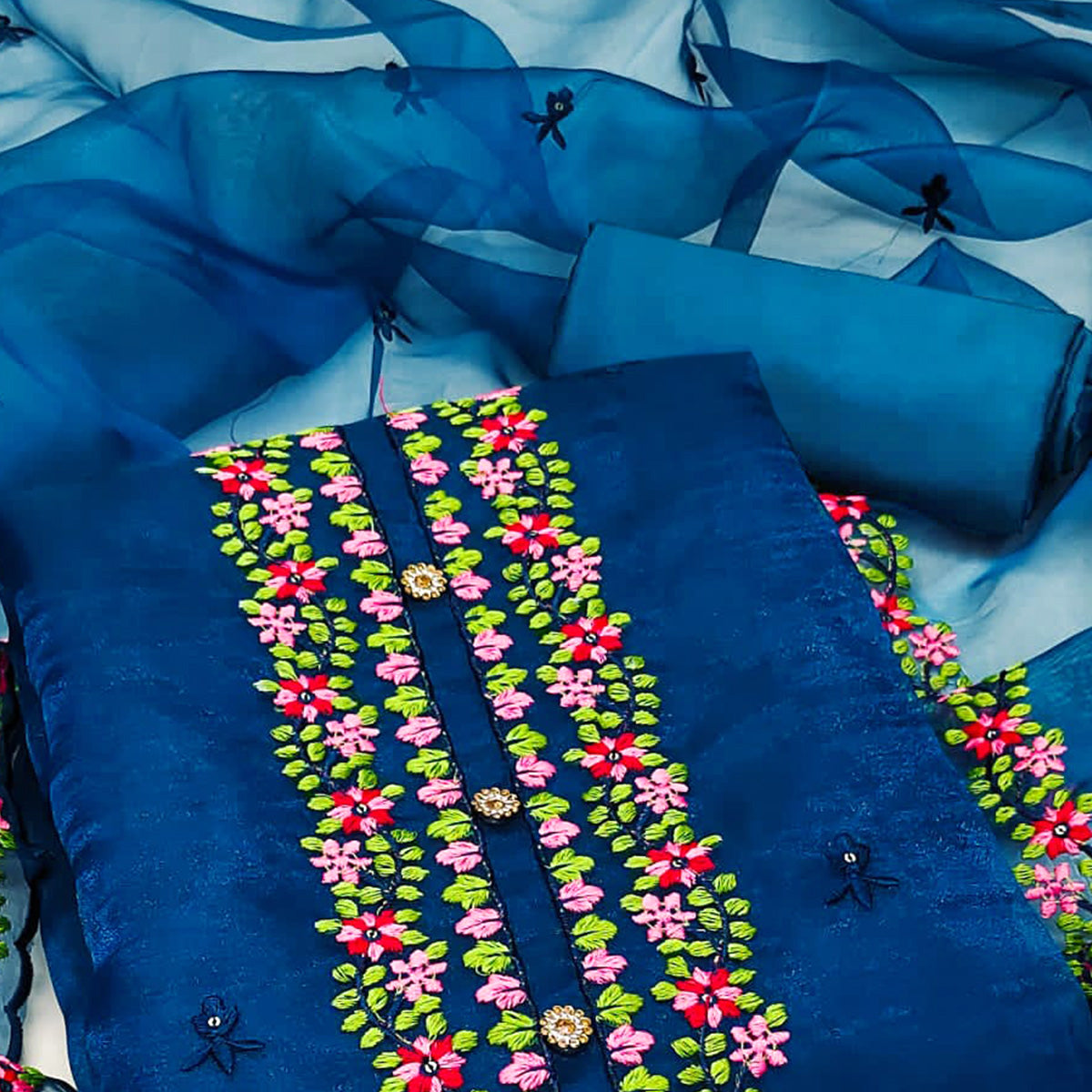 Teal Blue Floral Embroidered Organza Dress Material