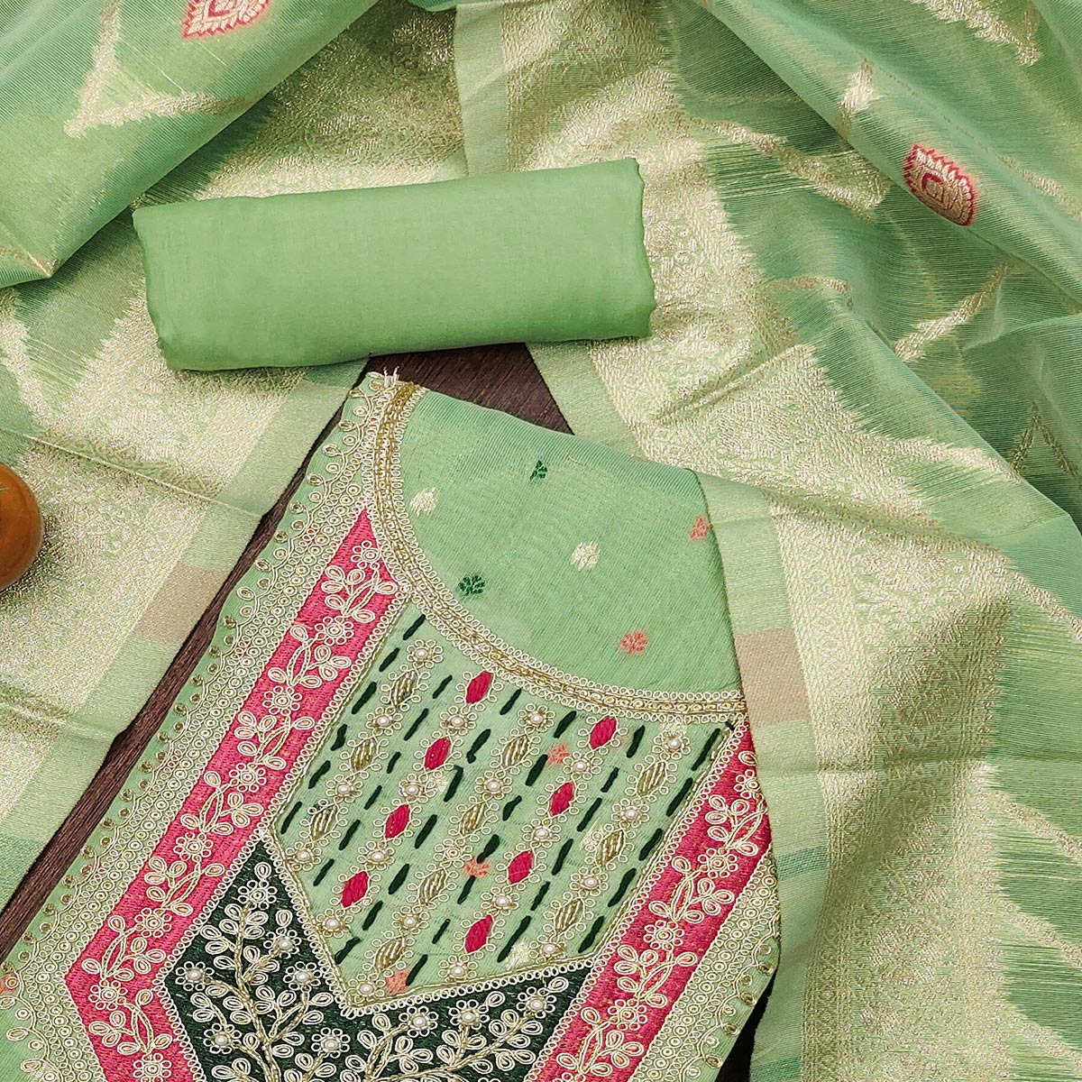 Green Sequins Embroidered With Woven Chanderi Silk Dress Material