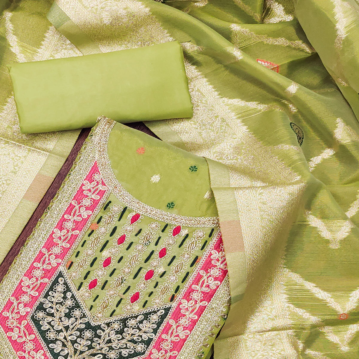 Parrot Green Sequins Embroidered With Woven Chanderi Silk Dress Material