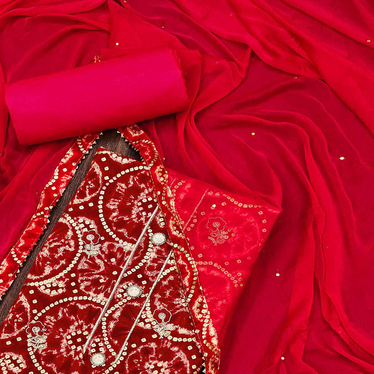 Red Foil Printed Rayon Dress Material