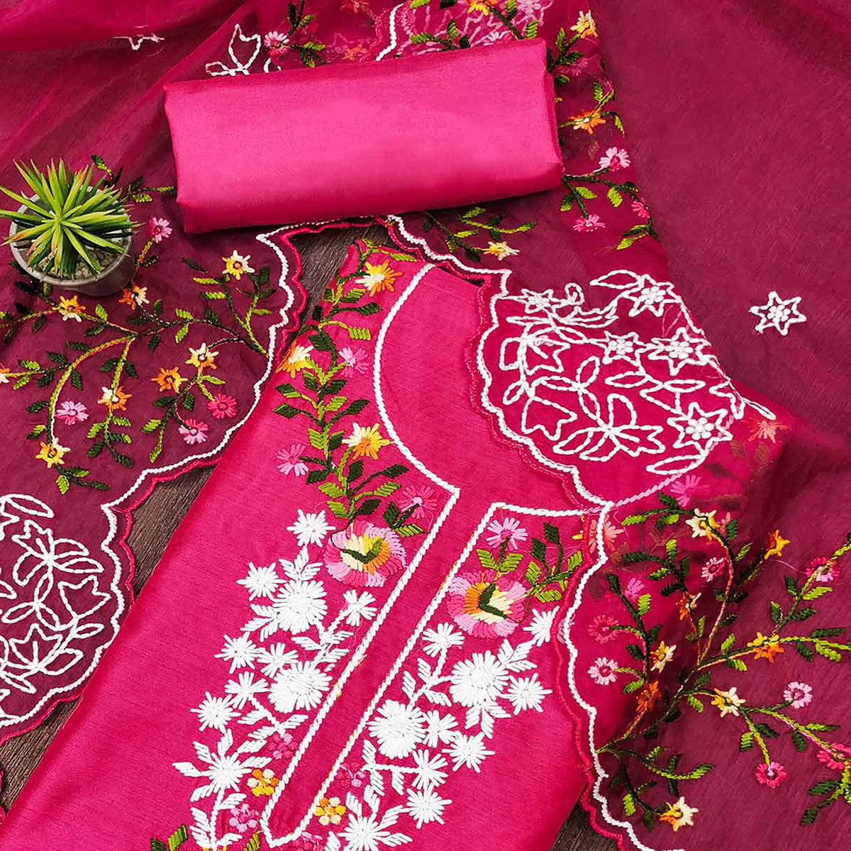 Pink Floral Embroidered Chanderi Dress Material