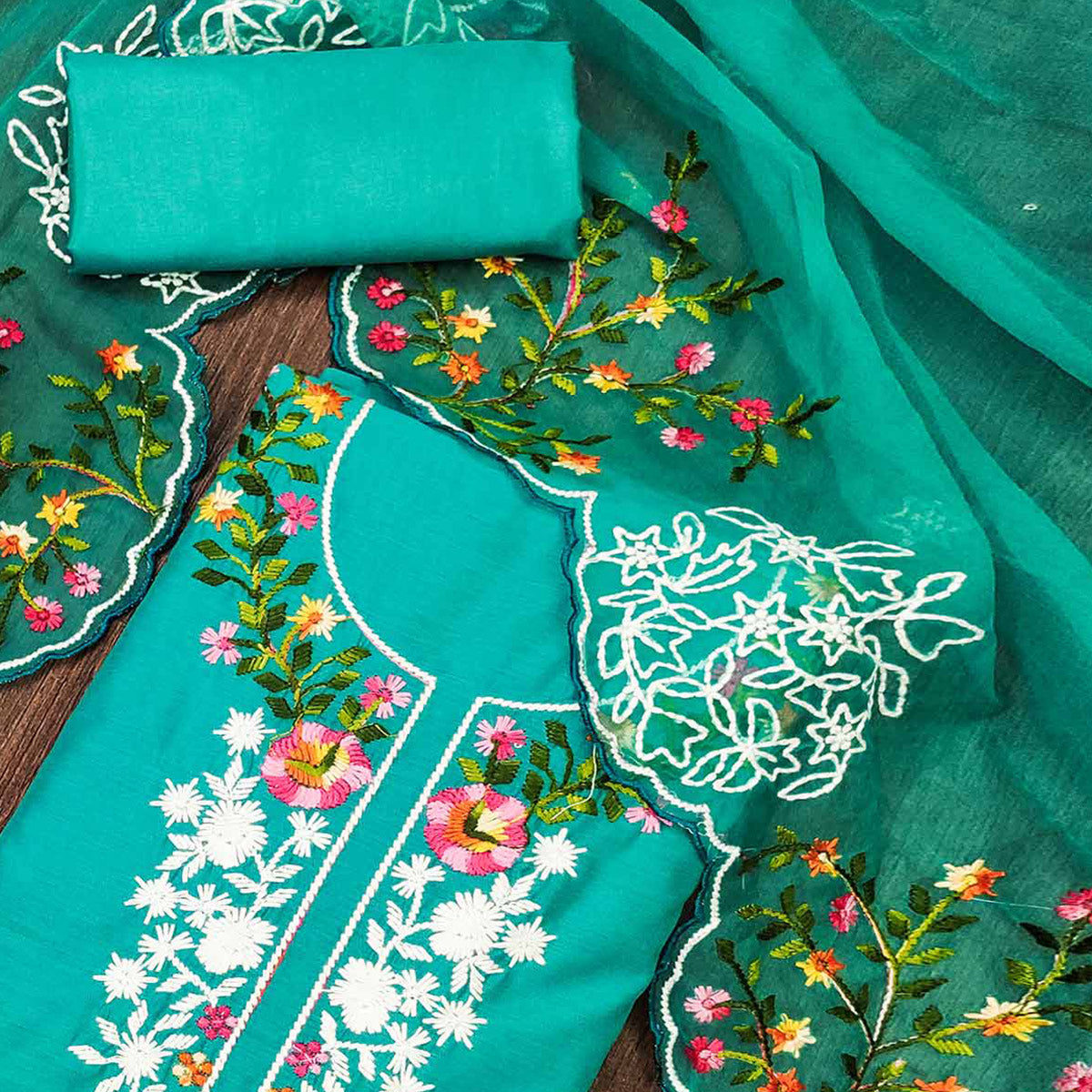 Turquoise Floral Embroidered Chanderi Dress Material