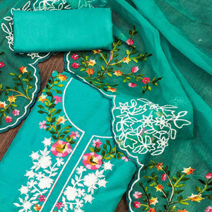 Turquoise Floral Embroidered Chanderi Dress Material